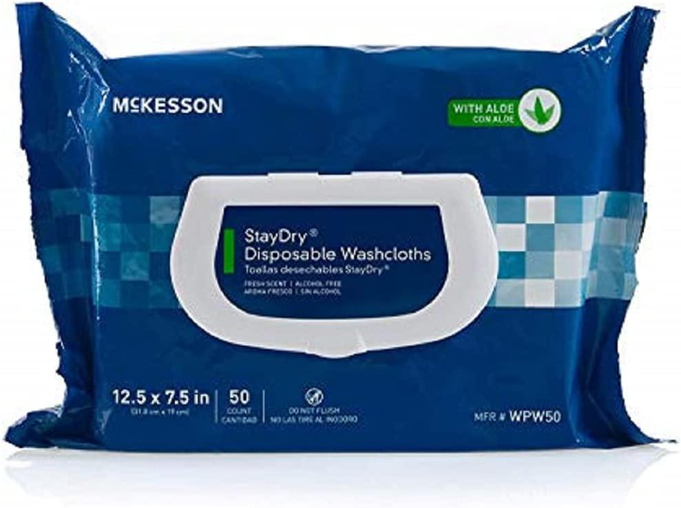 McKesson StayDry Aloe Disposable Washcloths 100 Count Soft Pack, 7.5