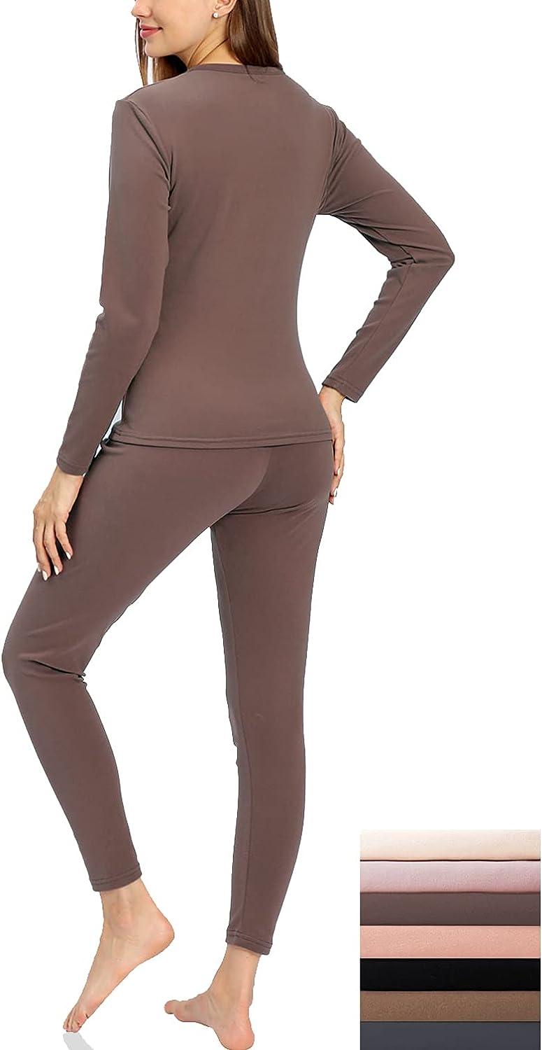TAMEYA Ultra Soft Thermal Underwear for Women, Long Johns 2 Set with Fleece  Lined,Cold Weather Base layer Warm Top & Bottom Coffee Small