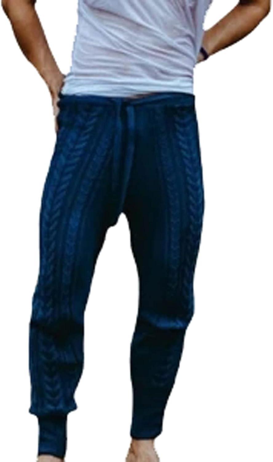 Mens Solid Chunky Cable Knit Warm Pants Drawstring Slim Fit Rib Trousers  Elastic Mid Rise Cinch Bottom Jersey Pants Blue Large
