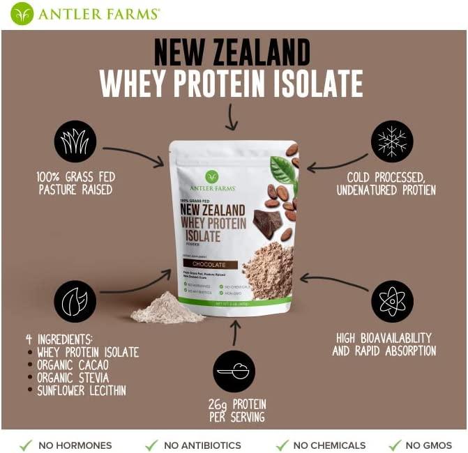Antler Farms 100 Grass Fed New Zealand Whey Protein Isolate, Chocolate Flavor, 2 lbs Pure