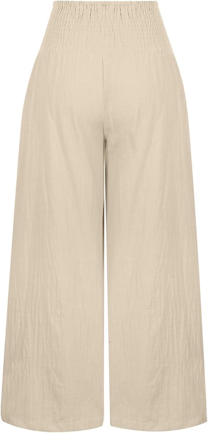 TUNUSKAT Womens Cotton Linen Wide Leg Pants Summer Casual High Waisted  Palazzo Pants Baggy Lounge beach Trousers with Pocket Medium A1_khaki