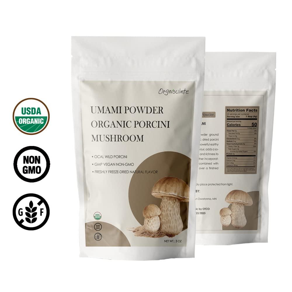 Orgnisulmte Organic Dried Porcini Mushrooms Powder 3 Oz,Wild Grown Premium Quality Umami Powder
