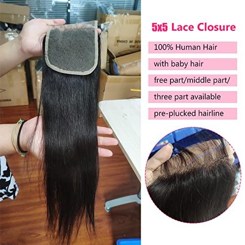 5X5 HD Transparent Lace Closure 18 Inch Brazilian Straight Virgin Human Hair  HD Transparent Lace Front Closure Human Hair Pre Plucked With Baby Hair For  Black Women Natural Color 18 inch (Transparent