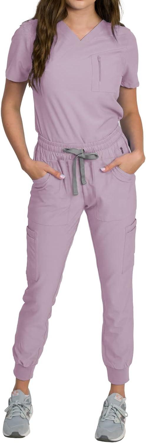 Medgear Fleur Women's Stretch Scrub Set with Zip Chest Pocket Top and Knit  Rib Cuffs Jogger Pants Lavender Small