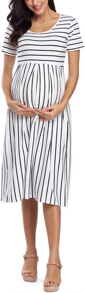 Love2Mi Short-Sleeve Maternity Dress - A-Line Midi Dress for Pregnant Women  - S White Black Stripe | Buy Now with Express International Delivery |  GoSupps.com