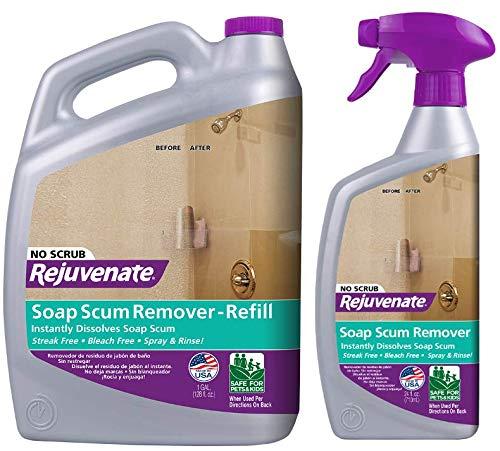 Rejuvenate Scrub Free Soap Scum Remover Shower Glass Door Cleaner Works on  Ceramic Tile, Chrome, Plastic and More 24oz + 128oz