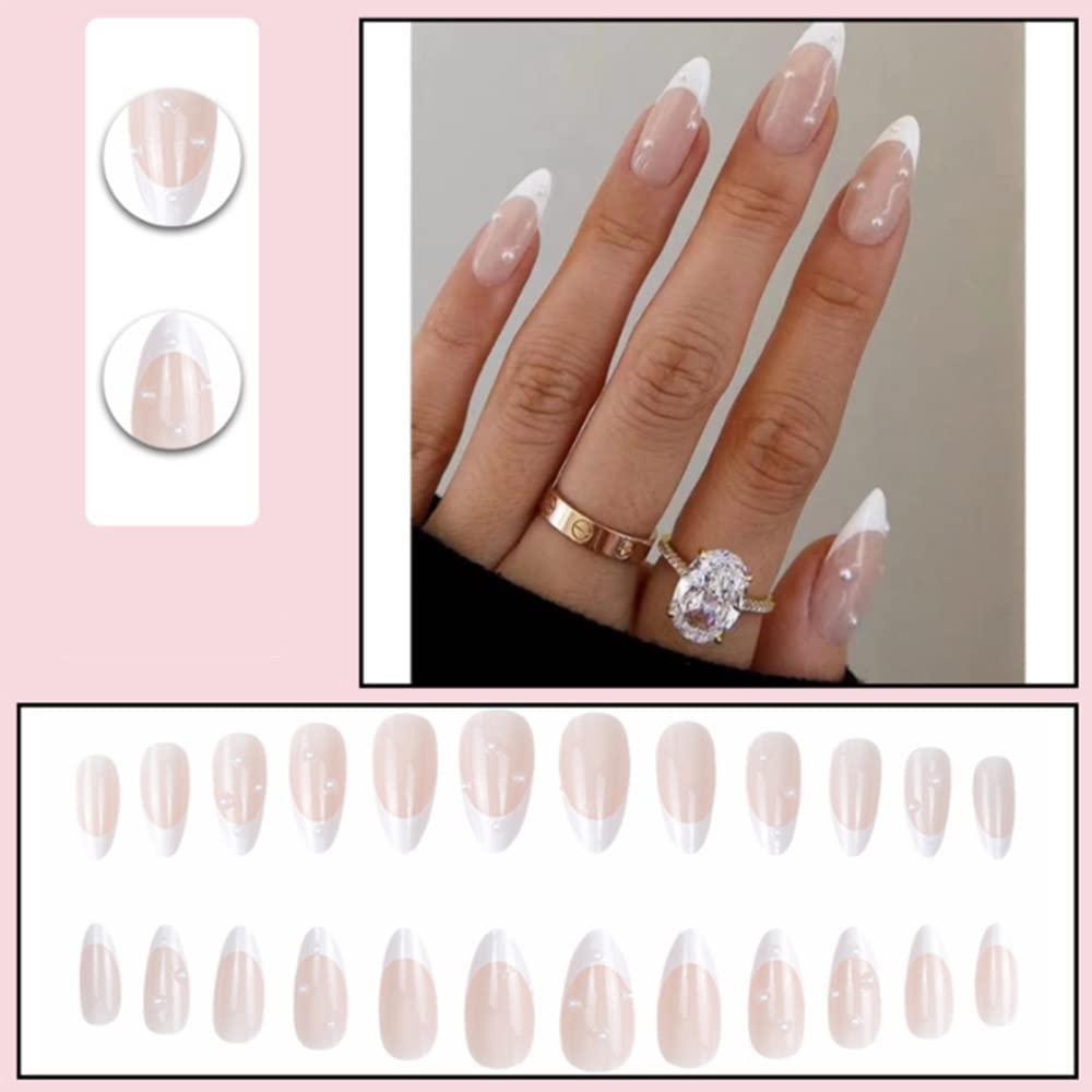 YoYoee Almond Fake Nails Cute White Press on Nails Tips French ...