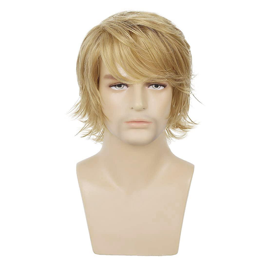 Men's Short Fluffy Layered Blonde Wig Natural Synthetic Hair for Halloween Cosplay