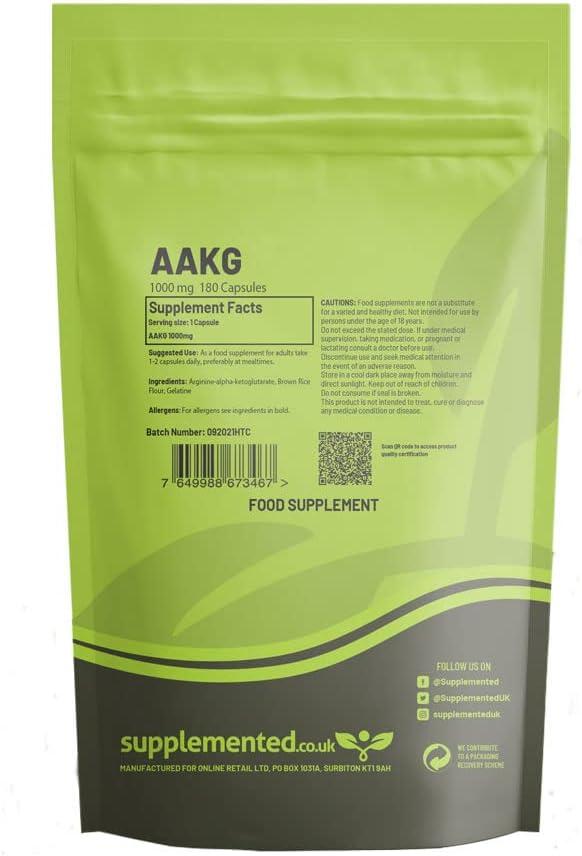180 AAKG LArginine Alpha Ketoglutarate Capsules 1000mg Nitric Oxide