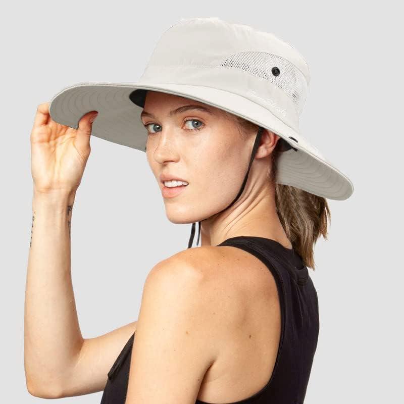 Women's Outdoor UV-Protection-Foldable Sun-Hats Mesh Wide-Brim Beach  Fishing Hat with Ponytail-Hole Beige