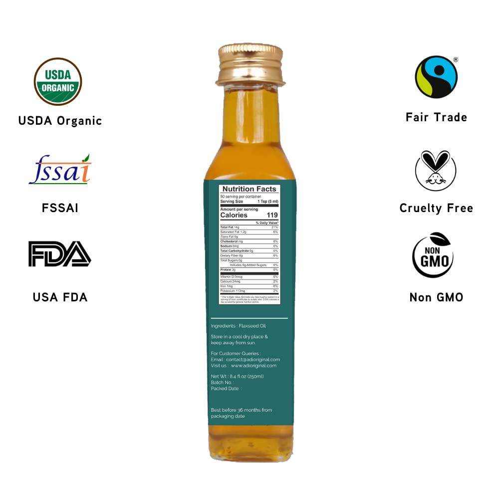 ADI Organic Flaxseed Oil Cold Pressed Unrefined USDA Certified Organic