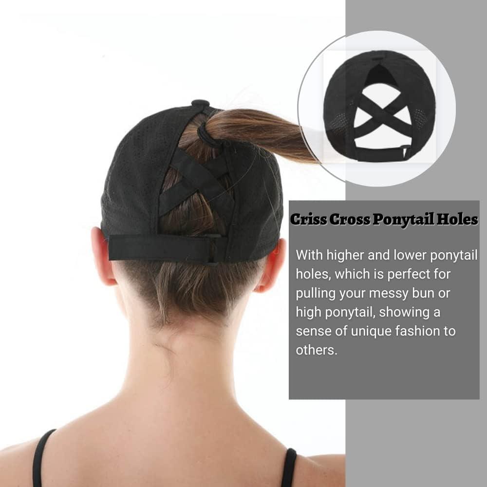 Criss Cross Ponytail Hat Distressed Mesh Womens Baseball Cap Dad