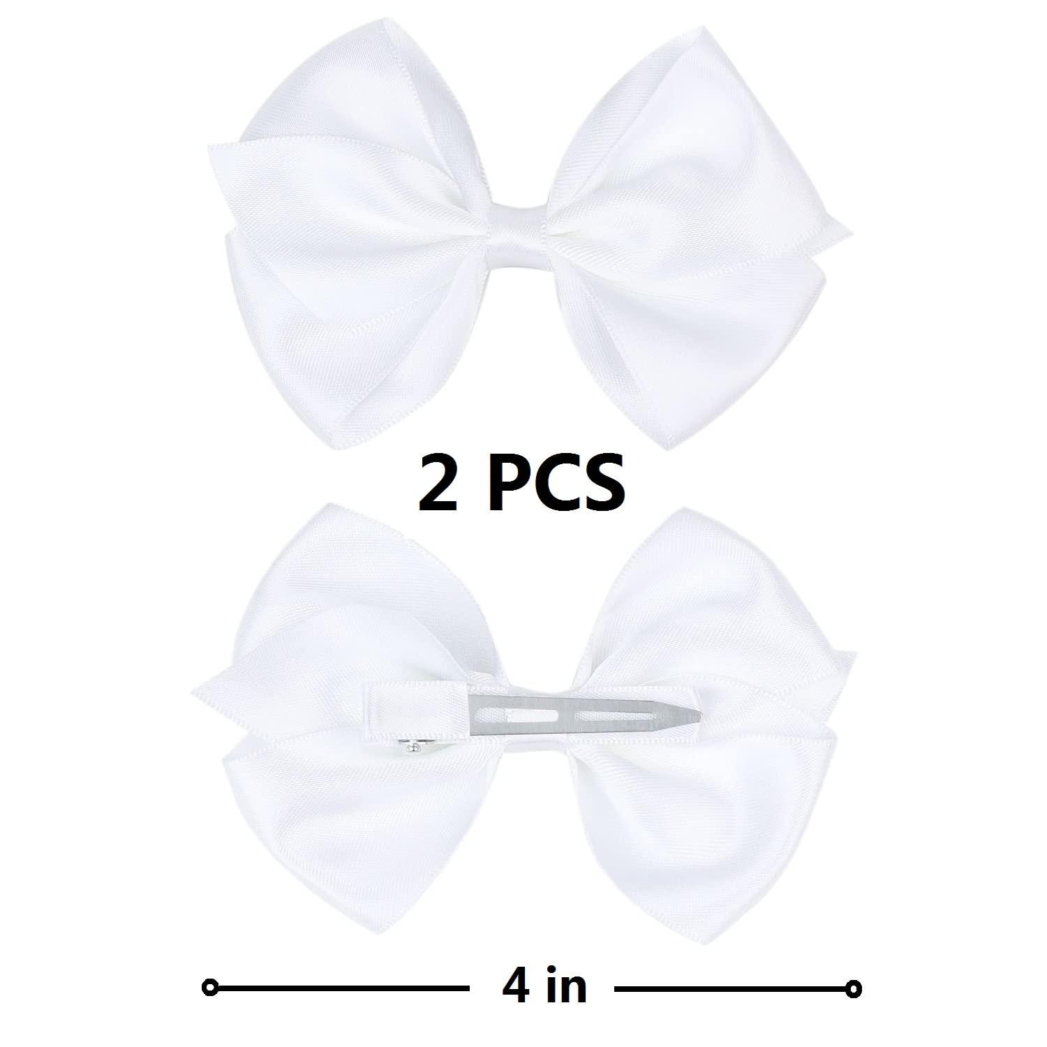 2 PCS 4 Inch Satin Bow for Little Girl (White)