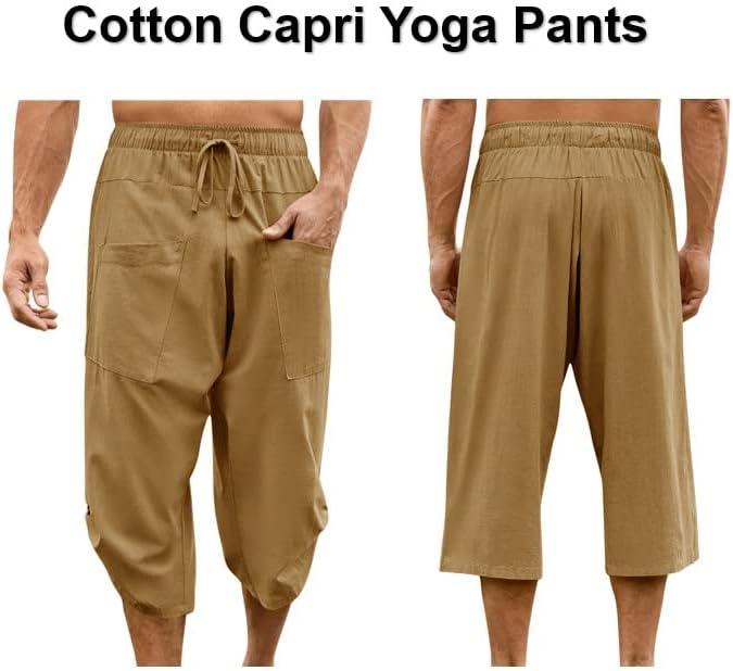 Gafeng Mens Yoga Capri Pants Casual Elastic Waist Drawstring Sports Cotton  Linen Boho Harem 3/4 Pants with Pockets Large L- Yellow
