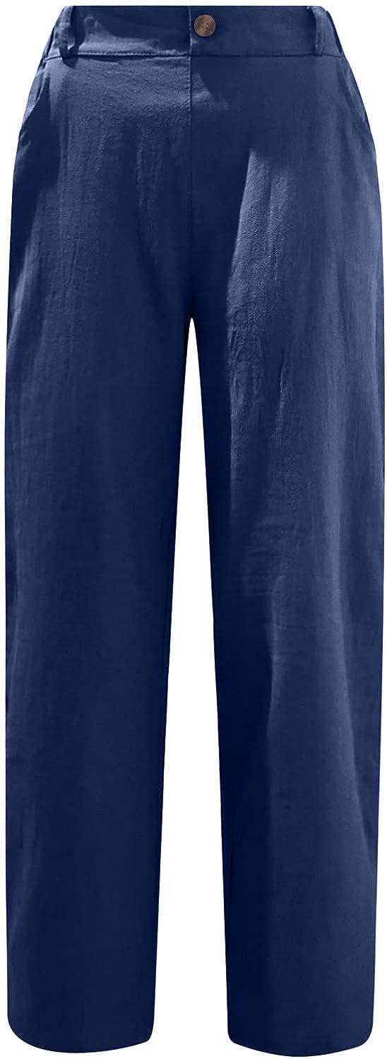 Gamivast Linen Pants for Women 2023 High Waist Wide Leg Pants with Pockets  Drawstring Palazzo Lounge Casual Summer Capris 03-navy Small