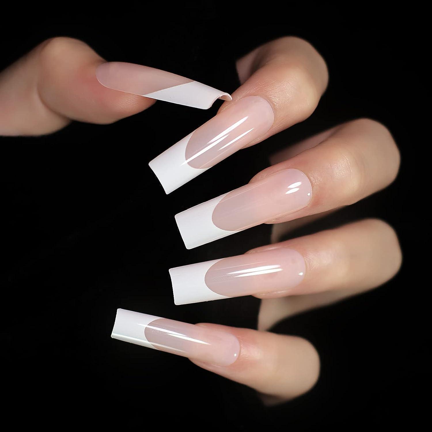 24pcs Long Square Fake Nails Nude White French Tip Press On Nails Full  Cover Glossy Gel False Nail Art Manicure for Women French square
