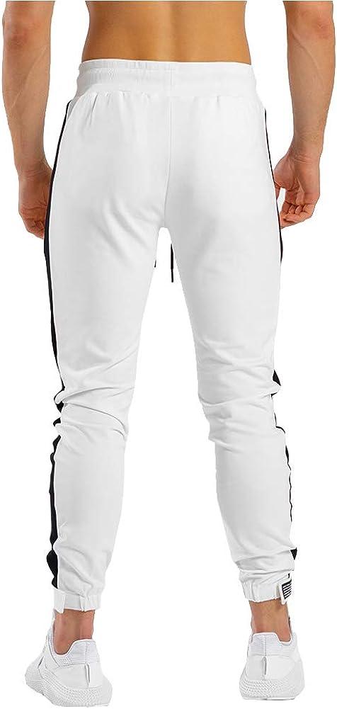 PIDOGYM Men's Athletic Running Sport Jogger Pants Slim Striped Workout  Casual Joggers Tapered Sweatpants White Medium