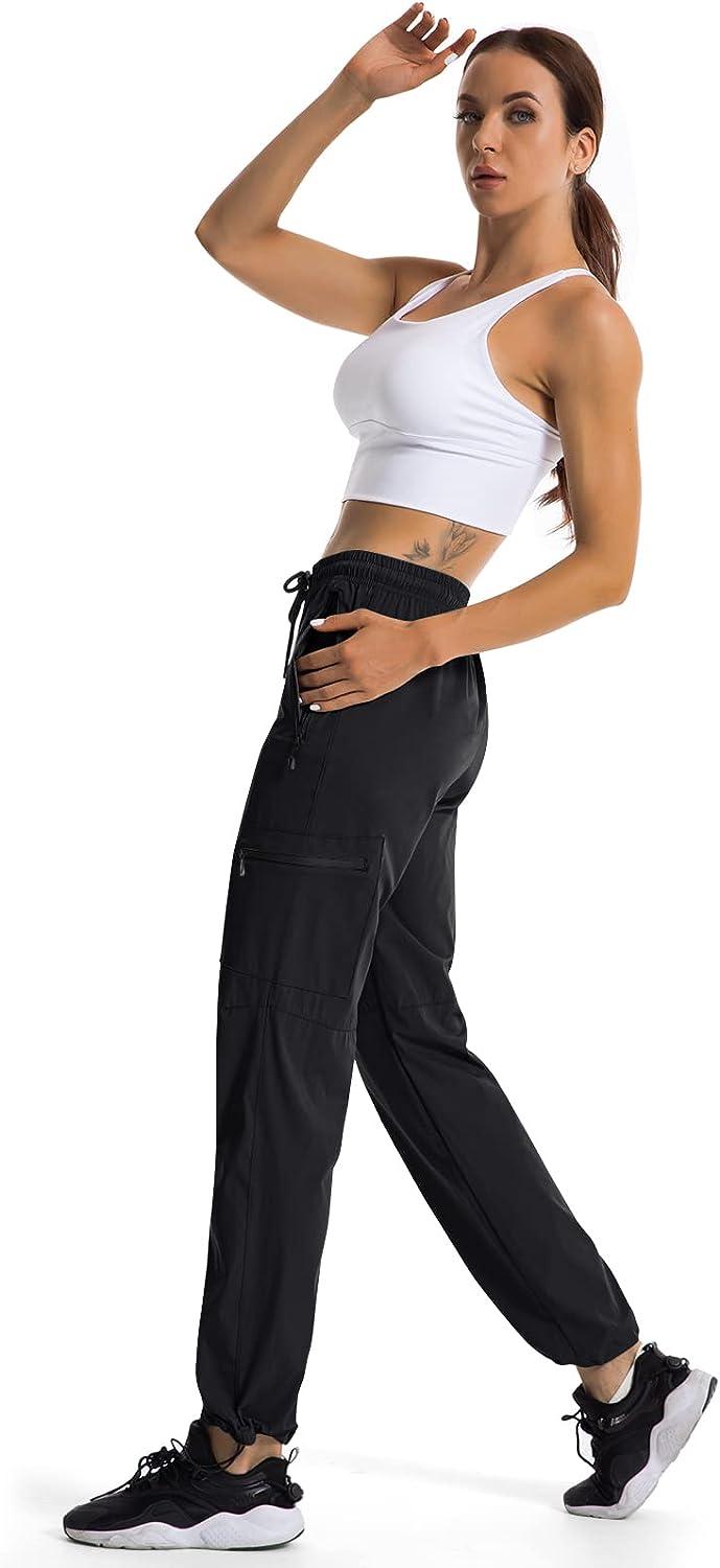 Women's Cargo Hiking Pants Joggers Lightweight Quick Dry Athletic Workout Casual  Pants with Zipper Pockets Black Medium