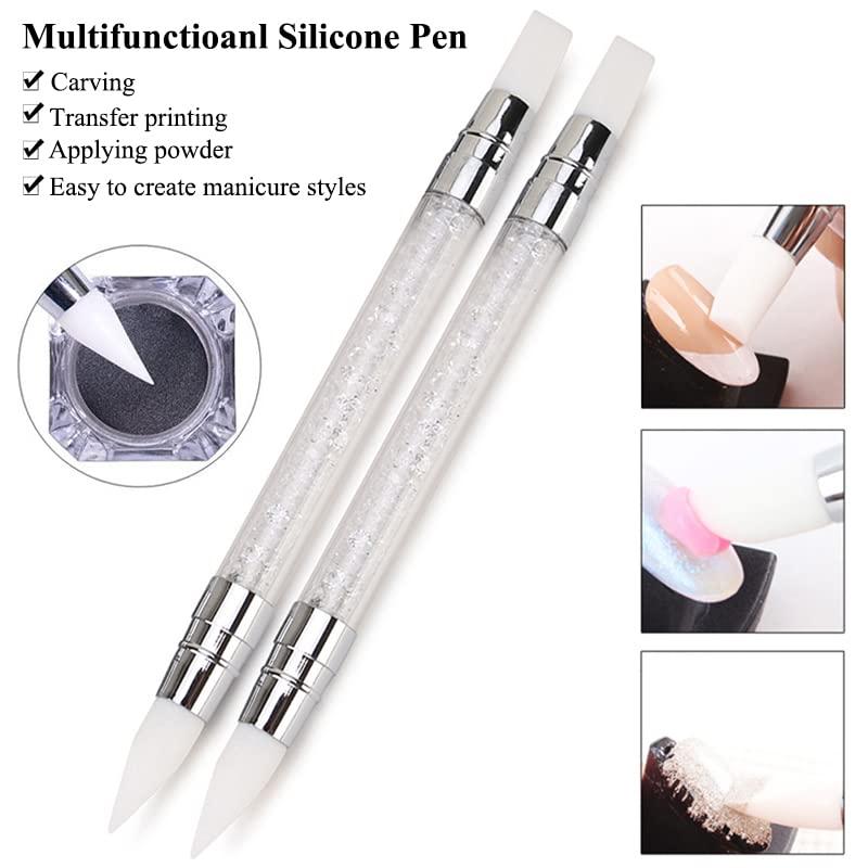 AKOAK 2 Pcs Nail Art Engraving Pen Double-headed Silicone Pen 3D Engraving  Drawing Point Rhinestone UV Gel Nail Tool