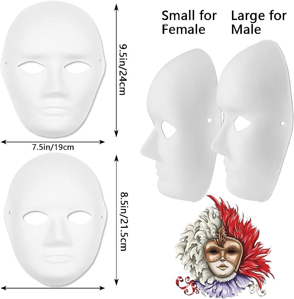 12 Pcs DIY Full Face Masks White Paper Mache Masks Blank Paintable Mask for  Masquerade Parties Halloween Art 2 Sizes with 12 Elastic Straps for Women  Men