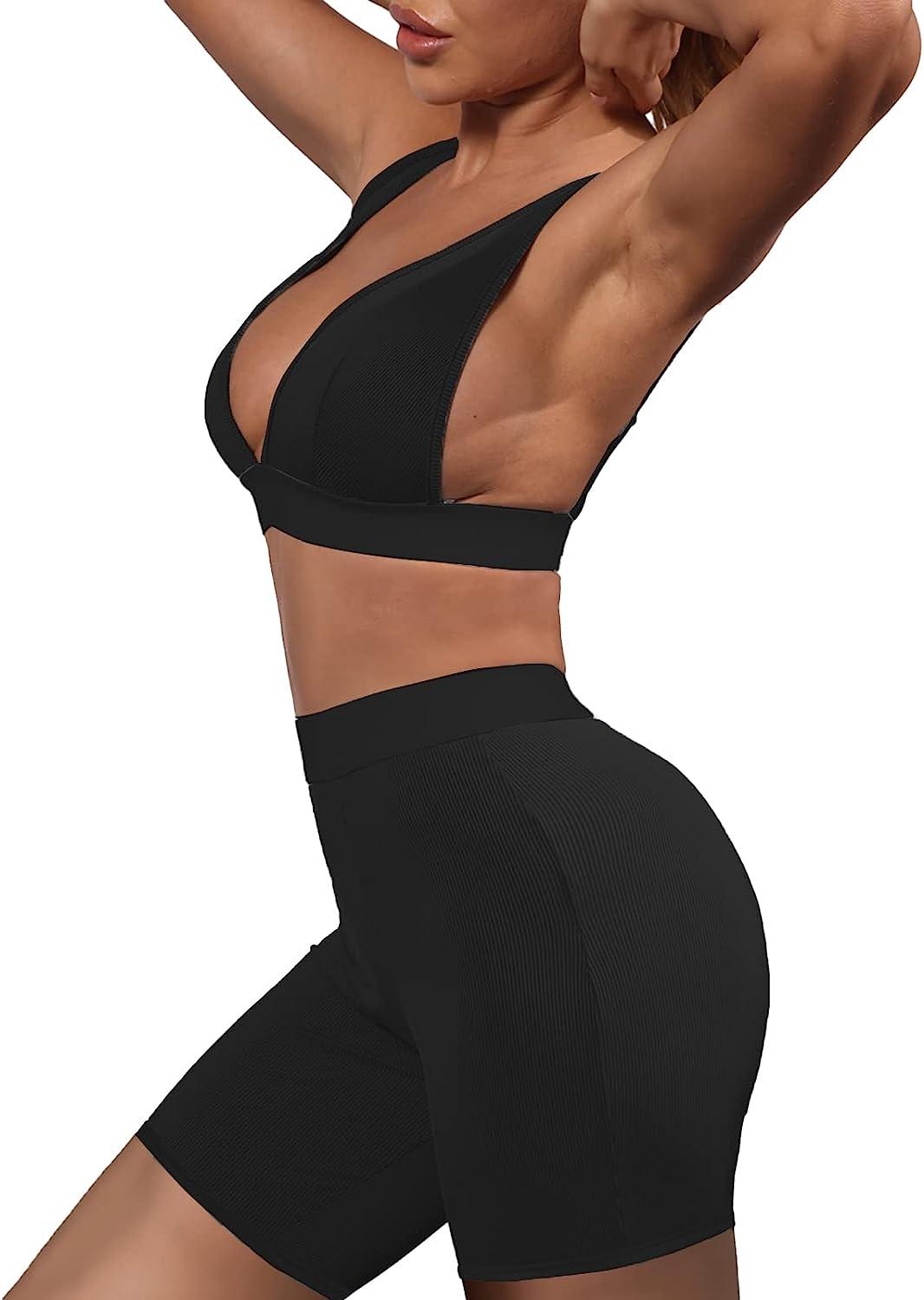 thumbnail image 2 of Women's 2-Piece Workout Set - Ribbed Yoga Leggings With Padded Sports Bra Crop Top 2 of 7
