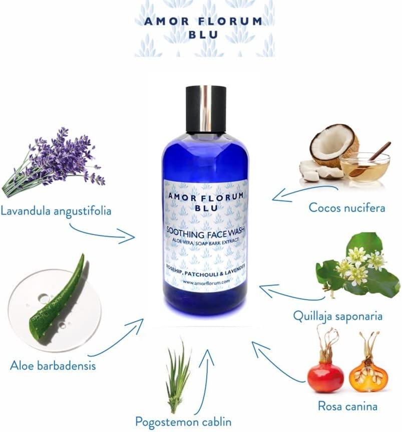 Amor Florum Blu - Face Wash - 99% Natural - Aloe Vera Rosehip Patchouli  Lavender. No Sulfates/Parabens No Soap. pH 5.5 for Sensitive Skin. 250ml