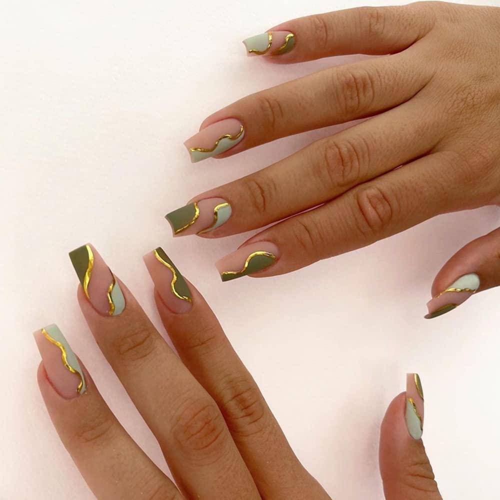 KXAMELIE Matte Press on Nails Long With Green Swirl Gold Lines Glue on