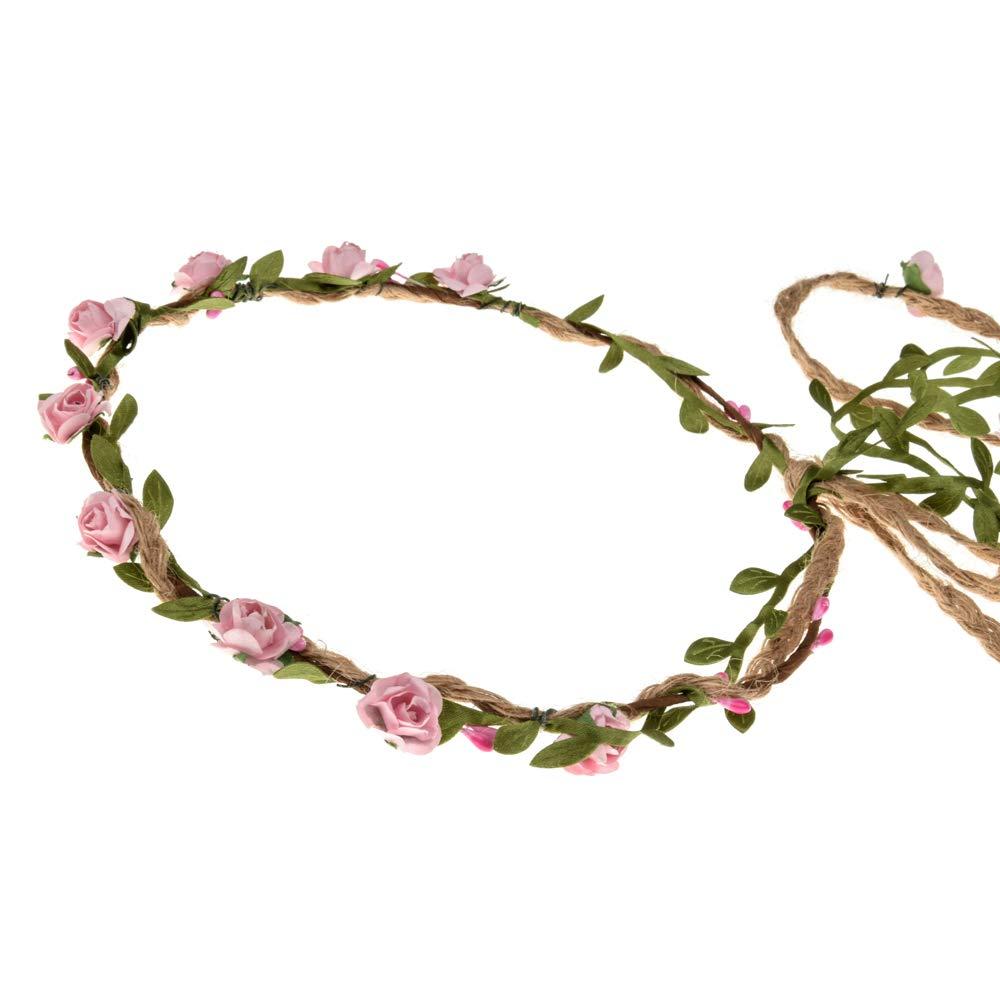 Merroyal Pink Flower Girls Boho Flower Crown Headband for Wedding & Parties