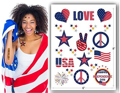 Terra Tattoos Fourth of July Temporary Tattoo Set, 75 Red White Blue & Metallic Designs for Labor Day Memorial Day Independence Day USA Party, American Flag Stars Peace Love & More 4th