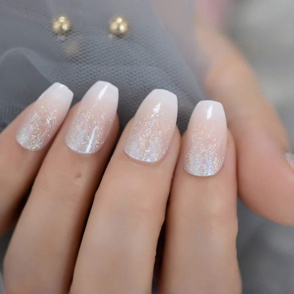 CoolNail Holo Glitter Pink Nude French Ballerina Coffin False Nails  Gradient Natural Press on Fake Nails Tips Daily Office Finger Wear L5176