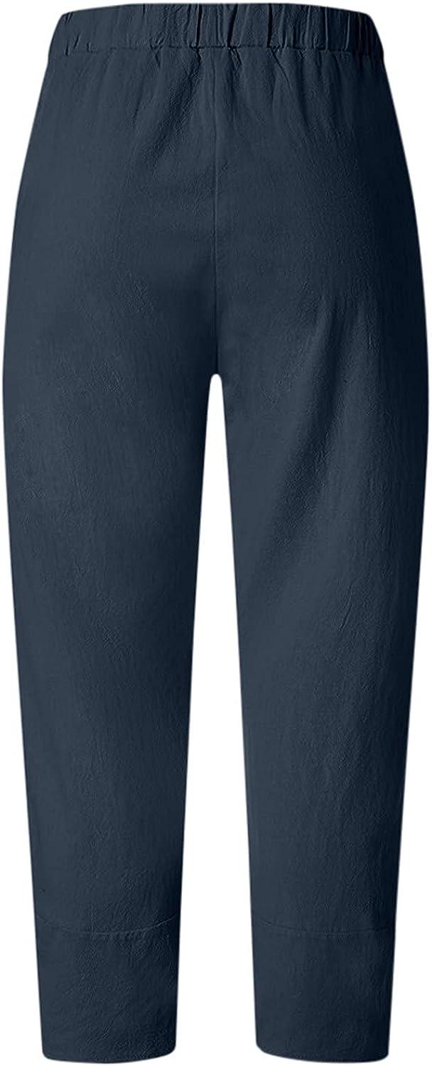 MALAIDOG Womens Summer Linen Capri Pants Casual Cotton Soft Regular Fit  Elastic Waist Wide Leg Beach Lounge Cropped Trousers Type H - Dark Blue  Large