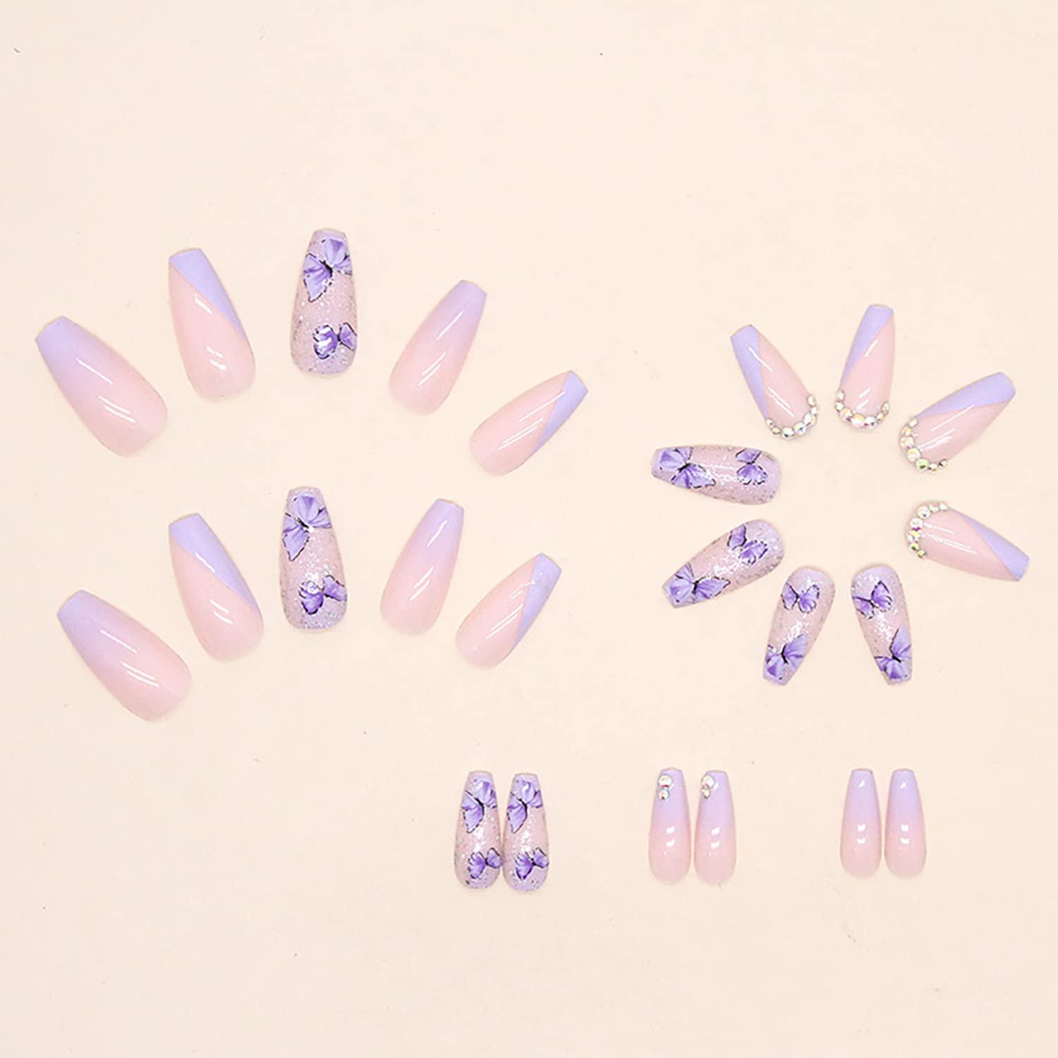 French Luxury Fake Nails Extra Long Press on Butterfly Rhinestone