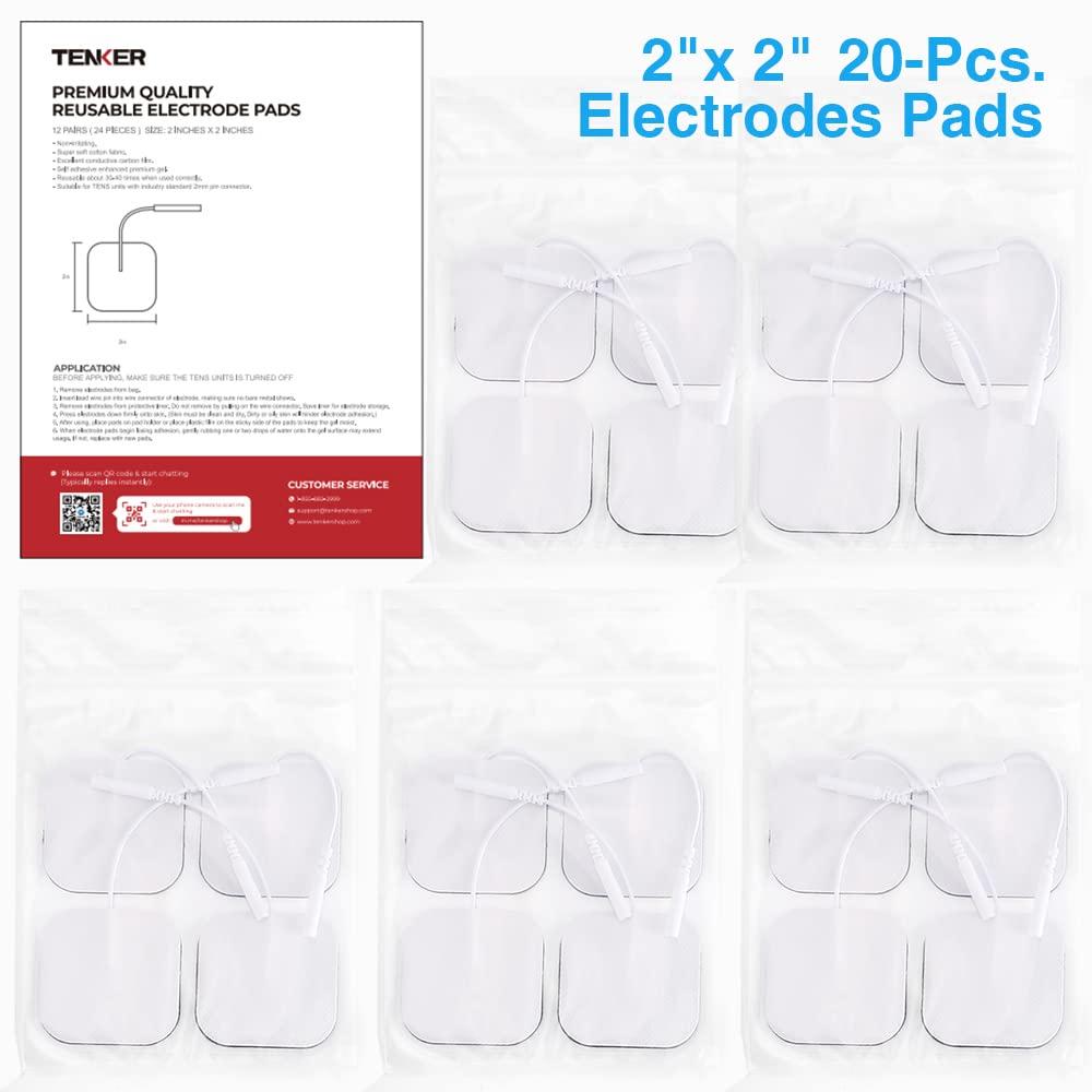 Tens Wired Electrodes Compatible with Tens 7000, Tens 3000 - 20 Premium 2 inchx2 inch Wired Replacement Pads for Tens Units - Intensity Tens Brand