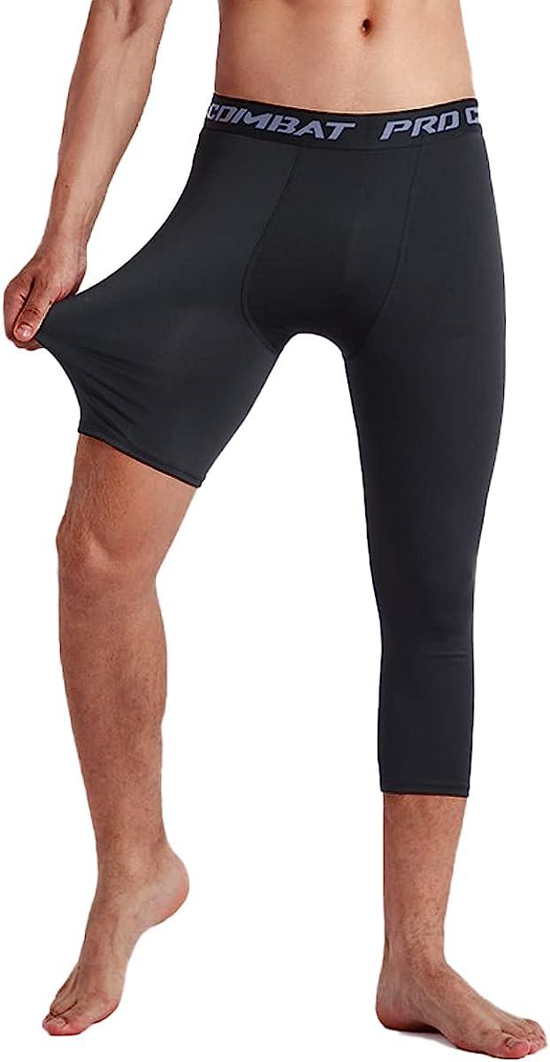 Jonscart Men's 3/4 One Leg Compression Capri Tights Pants Athletic