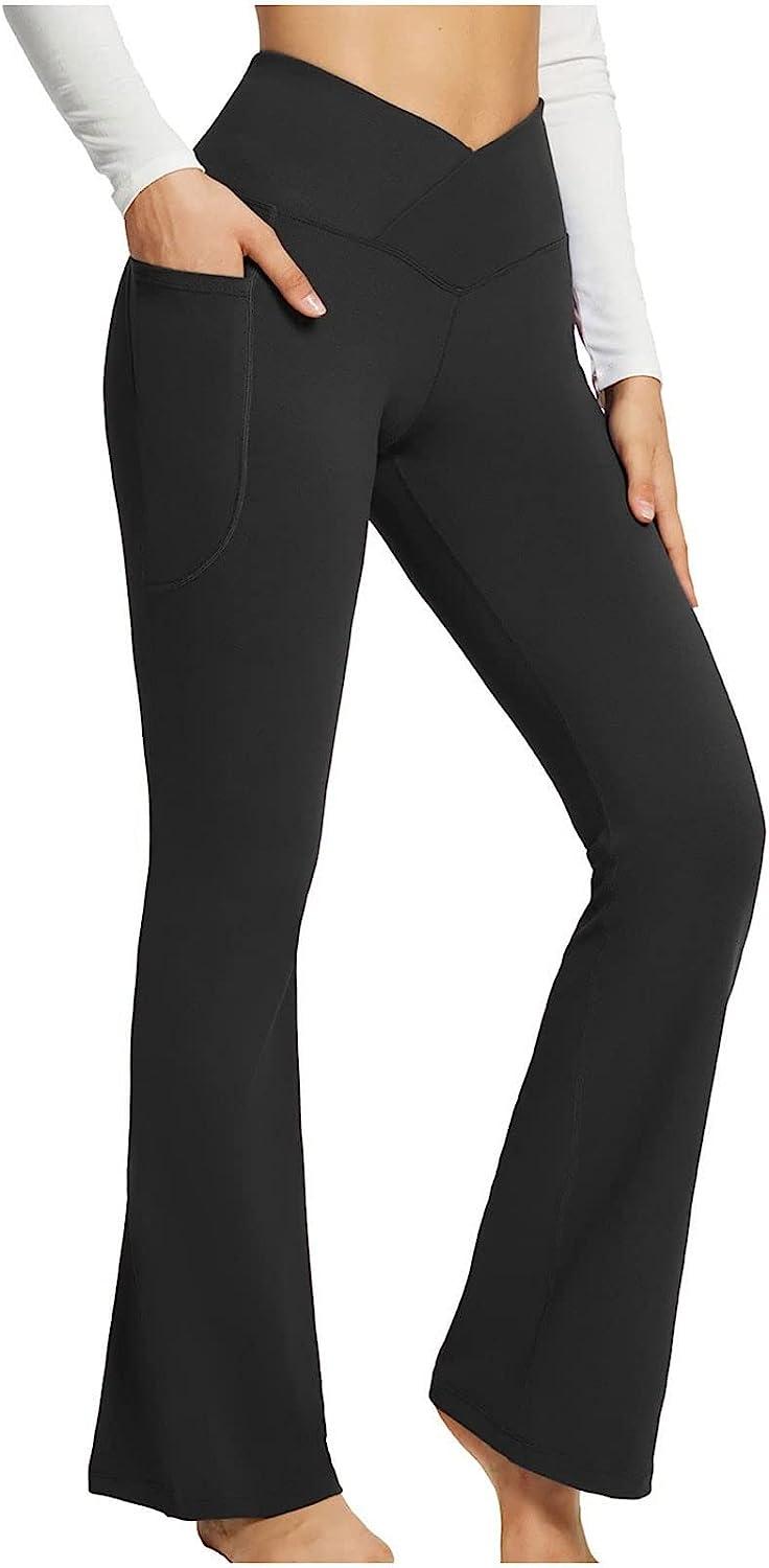 JEGULV Yoga Pants with Pockets for Women,Fashion Womens High Waisted  Workout Bell Bottom Pant Solid Color Flare Leggings Yoga Pants for Women -  Black Medium