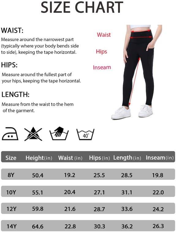 Girl's Athletic Leggings with Pockets Youth Compression Dance Tights Yoga Pants  No Front Seam Black 12