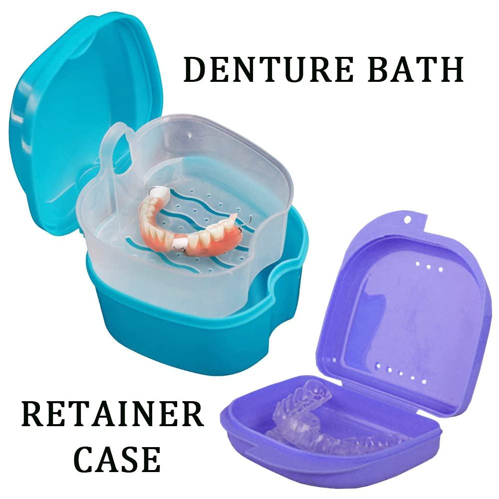 Denture Bath Case Cup with Denture Cleaner Brush & Retainer Holder Box