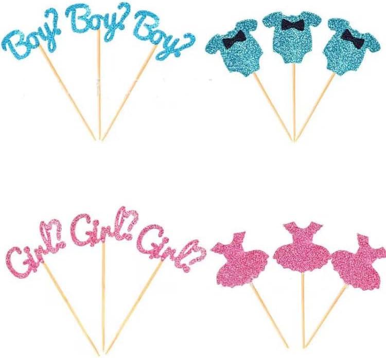 24 PCS Boy or Girl Theme Cupcake Toppers for Gender Reveal Baby Shower Birthday Party Supplies Glitter Kids Blue Onesie Jumpsuit Cake Decorations Pink
