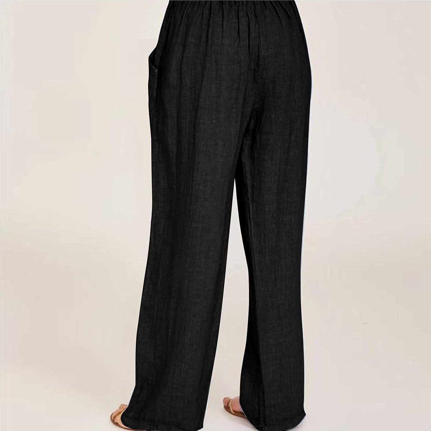 CTRLZS Women's Cotton Linen Palazzo Pants Summer Drawstring High Waist Plus  Size Casual Loose Wide Leg Beach Trousers Pockets B-black X-Large