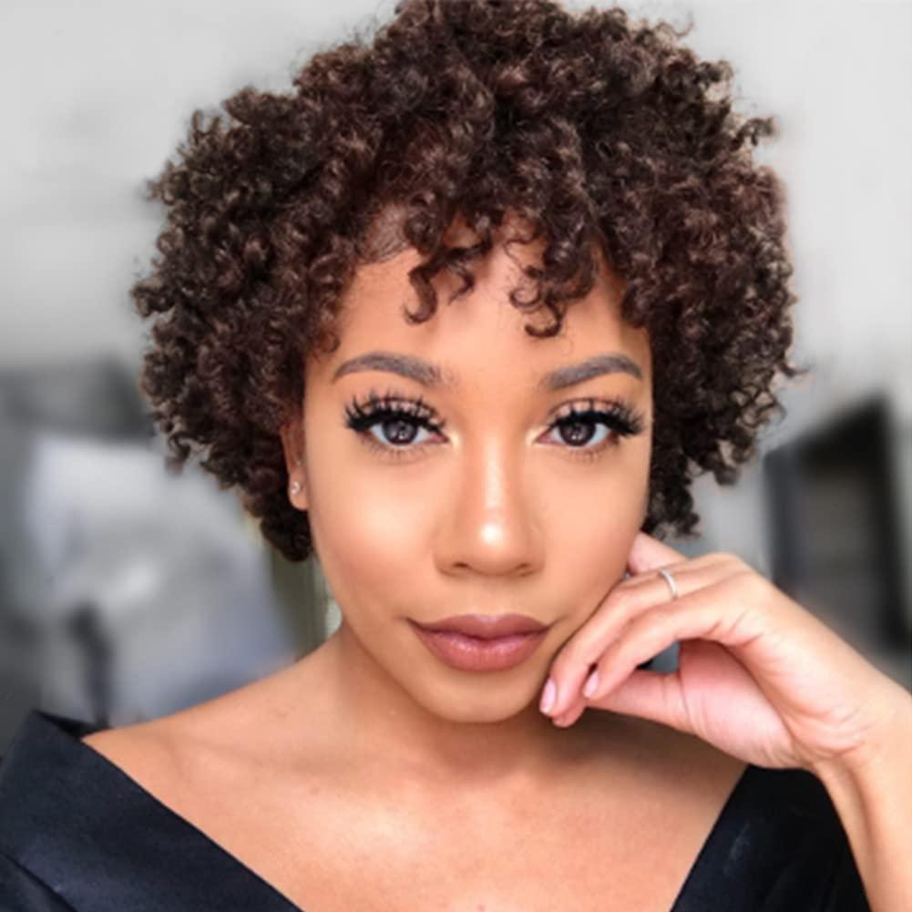 Dark Brown Color Afro Kinky Curly Short Human Hair Wigs Brazilian Virgin  Hair Wigs for Black Women(2#,8Inch) Curly-8inch-2#