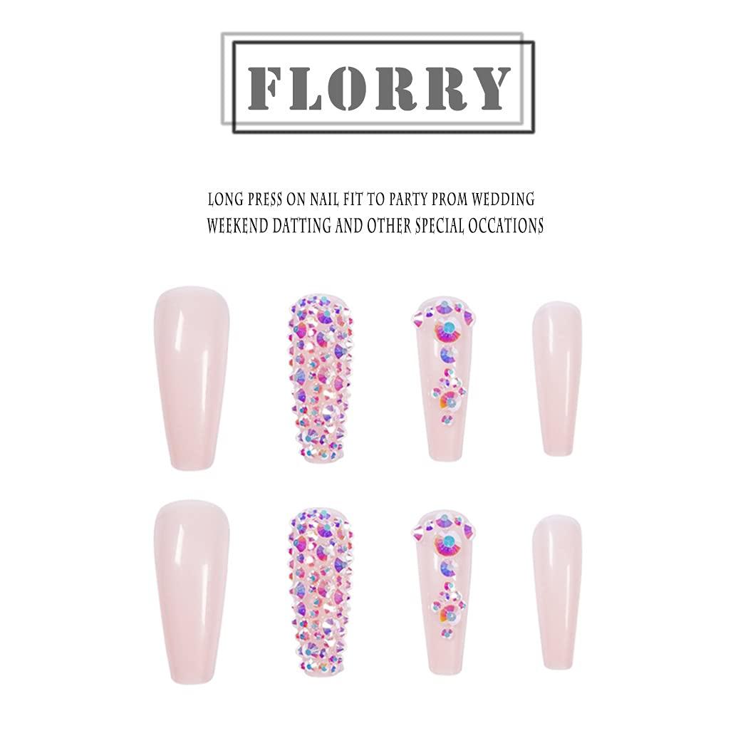Florry Coffin Extra Long Press on Nails with Rhinestones Pink Fake Nails  Glossy Bling Crystal Acrylic Nails for Women and Girls 24Pcs (Luxury)