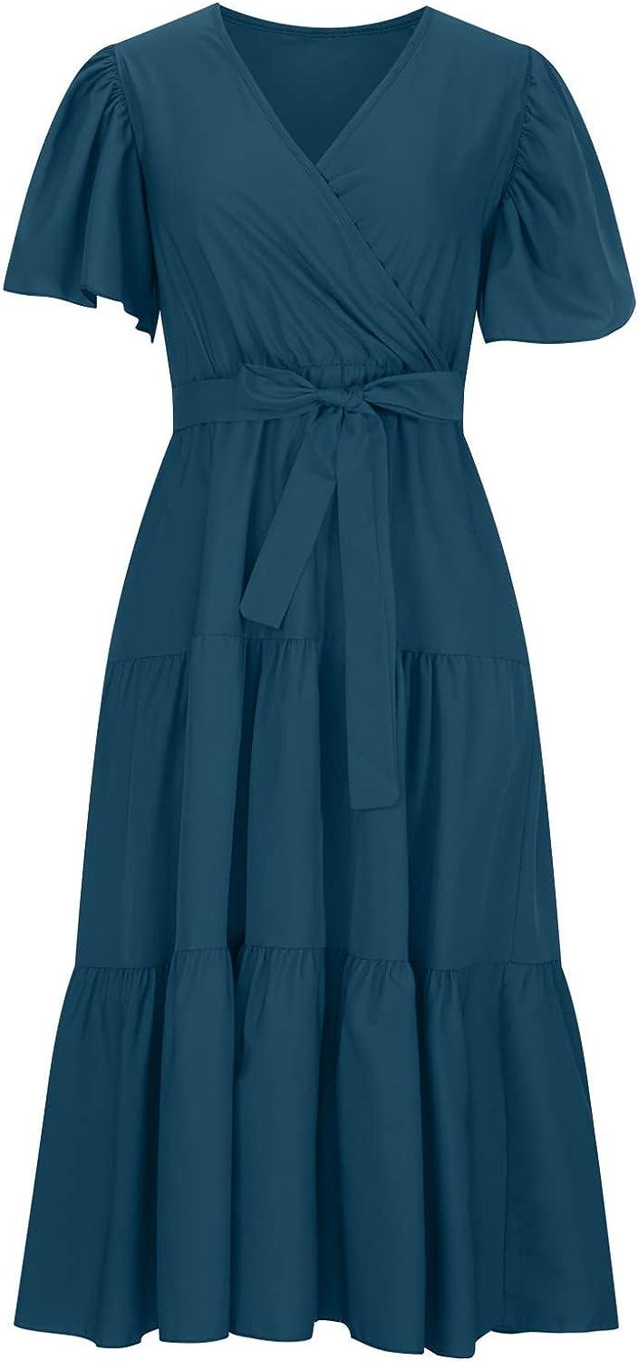 asntrgd Womens 2023 Summer Dress Short Sleeve Wrap V Neck Ruffle Casual Beach Sundress Floral Bohemian Maxi Sexy Cute Dresses Green X-Large