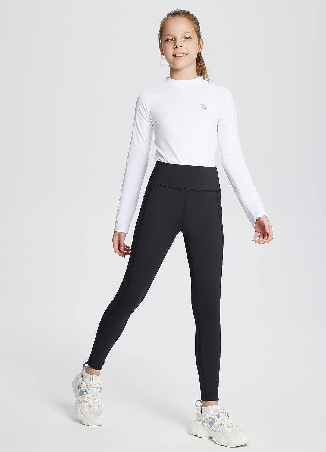 BALEAF Girls' Fleece Lined Leggings Kids Warm Pants Youth Compression Yoga  Athletic School Pants with Pockets Black Medium