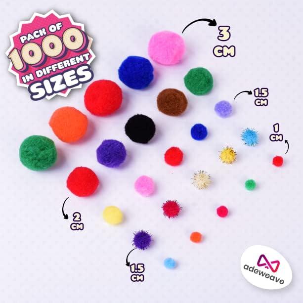 Adeweave 1000 Assorted Craft Pom Poms Multicolor Bulk Pom Poms Arts and Crafts Pompoms for Crafts in Assorted Size- Soft and Fluffy Puff Balls Large
