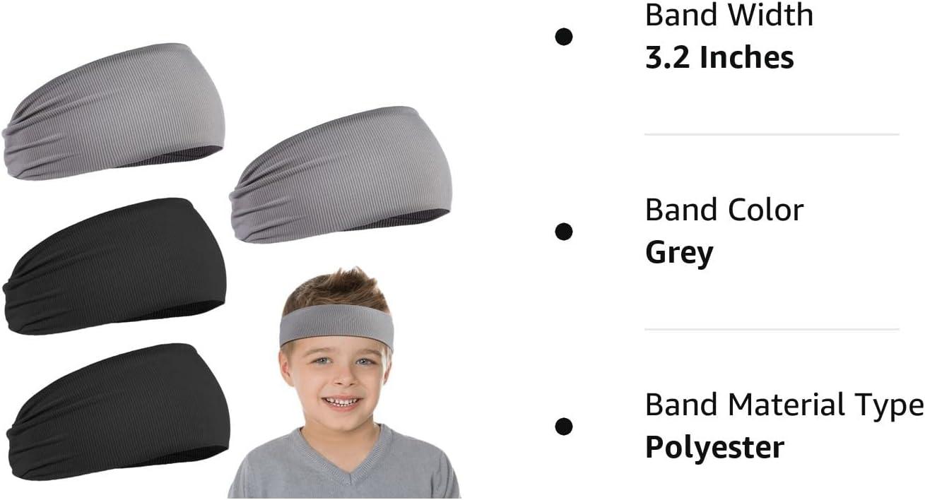 4 Pieces Kids Sports Headbands Athletic Sweatbands Headband Wicking Elastic  Hairband for Girls and Boys Toddler Children Black, Light Grey