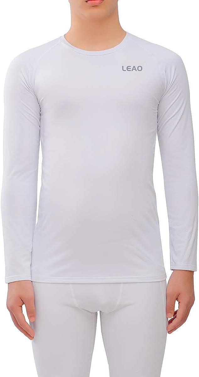 LEAO Youth Boys Compression Shirt Long Sleeve Fleece Quick Dry Sports  Baselayer Soccer Baseball Basketball Undershirt White-shirts Large