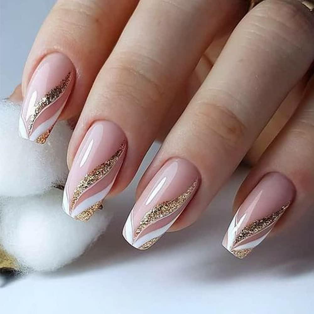 24pcs Short Square False Nails French Style With White Edge, Gold Flakes  And Rhinestones, Nail Art Set For Daily Wear | SHEIN ASIA
