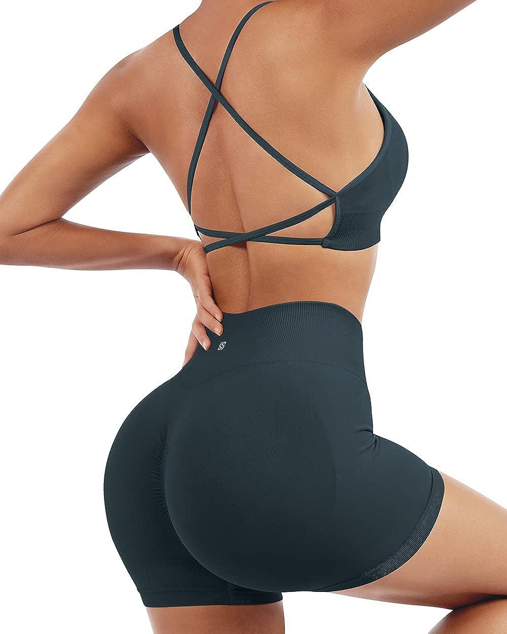 Women Seamless Yoga Set Halter Sports Bra Strappy Scrunch Butt GYM