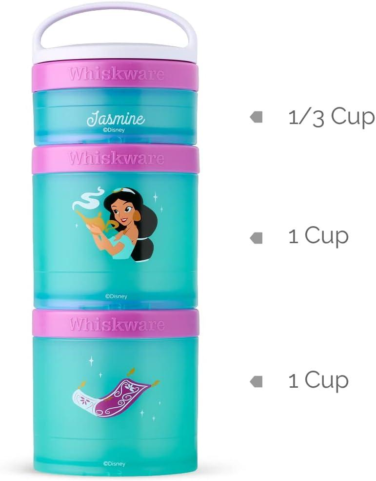 Whiskware Disney Stackable Snack Containers for Kids and Toddlers 3  Stackable Snack Cups for School and Travel Jasmine and Magic Carpet 1/3 cup+1  cup+1 cup Jasmine