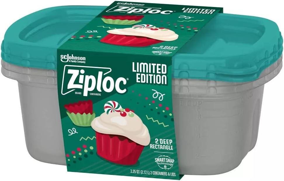 Ziploc Food Storage Containers, Deep Rectangle, Holiday Green, 2